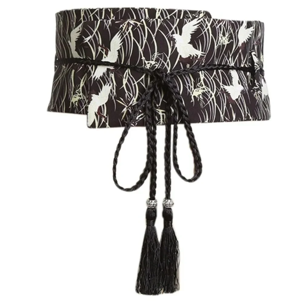 Black Printed Obi-Style Tassel Tie Belt